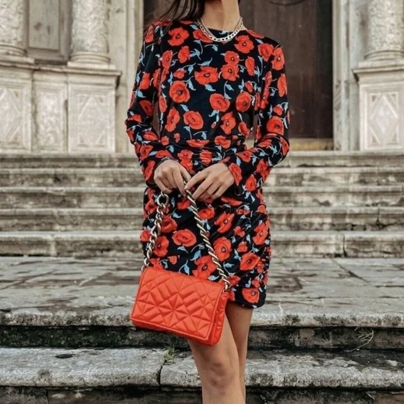 Zara Open Back Long Sleeve Ruched Mini Dress Black Orange Floral Print Size Med - Picture 1 of 15